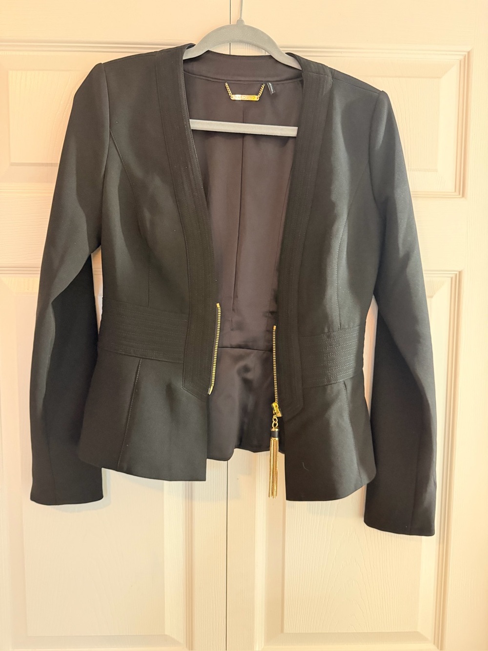 Women’s Black Open-Front Blazer Jacket with Gold Zip Detail